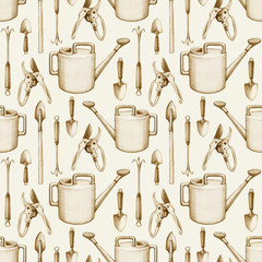  Garden tools illustration. Seamless pattern