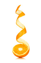 Juicy Orange With Peeled Spiral Skin Isolated On White