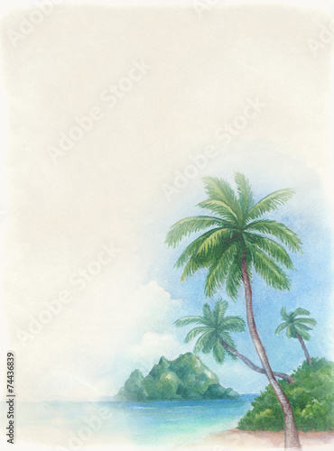 Watercolor Background With Illustration Of The Tropical Beach