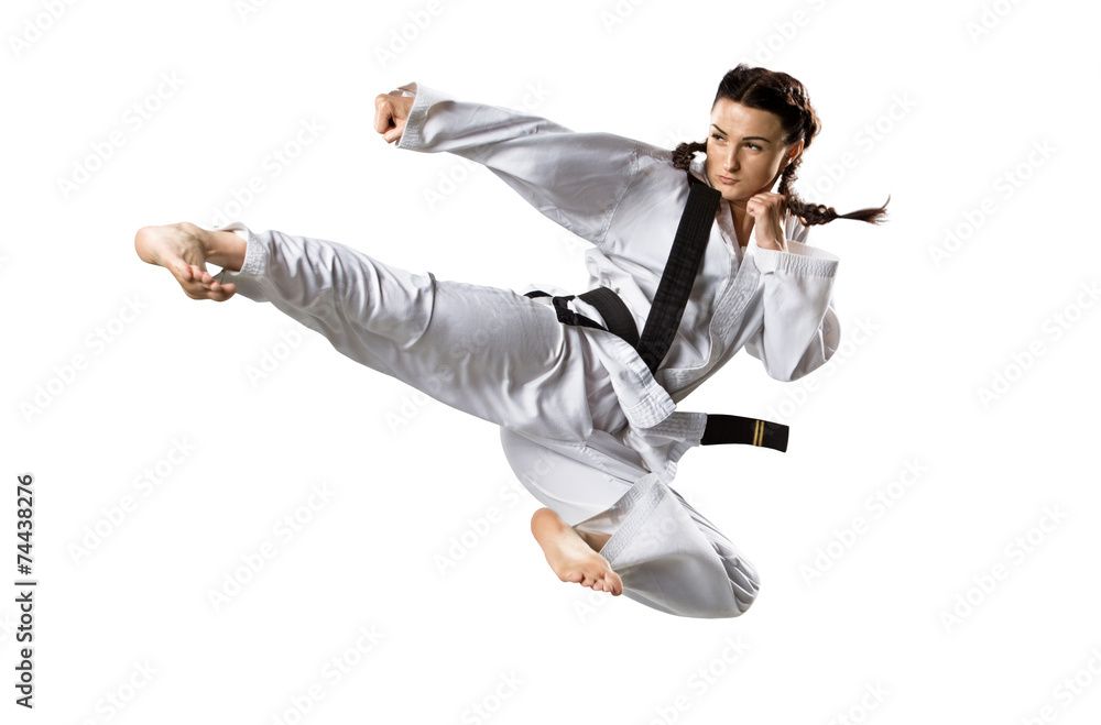 Professional female karate fighter isolated on white - obrazy, fototapety, plakaty 
