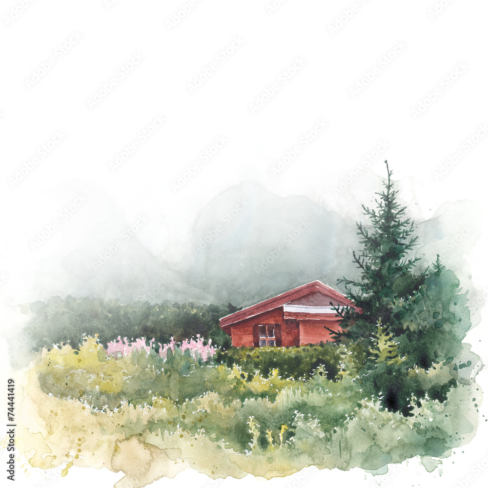 Watercolor landscape. Illustration of house and mountains Stock ...
