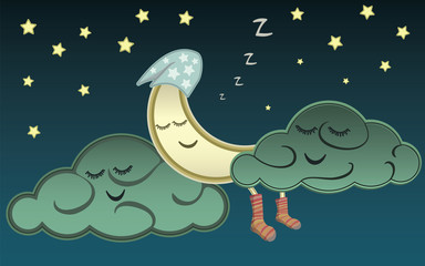 Cartoon moon and clouds sleeping in the night sky