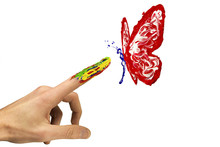 Touch Between Finger And Painted Red Butterfly