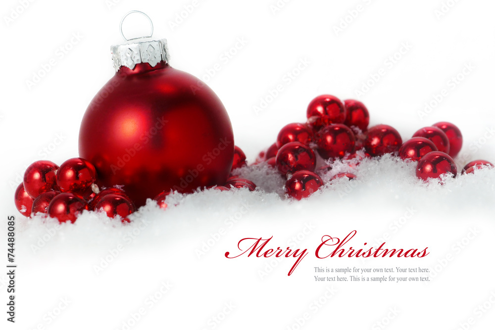 red christmas balls in snow isolated on white background Stock Photo ...