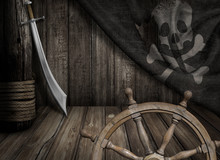 Pirates Ship Steering Wheel With Old Jolly Roger Flag And Saber