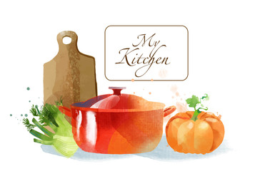 My kitchen Watercolor vector kitchen background