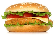 Big Chicken Hamburger On White Background.