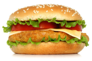 Wall Mural - Big chicken hamburger on white background.