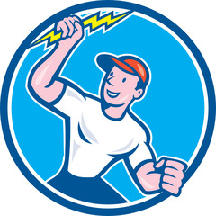 Canvas Print - Electrician Holding Lightning Bolt Circle Cartoon