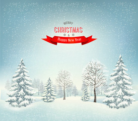 Leinwandbilder - Christmas winter landscape background. Vector.