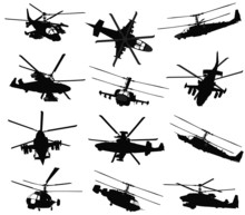 Military Helicopter Silhouettes Set. Vector