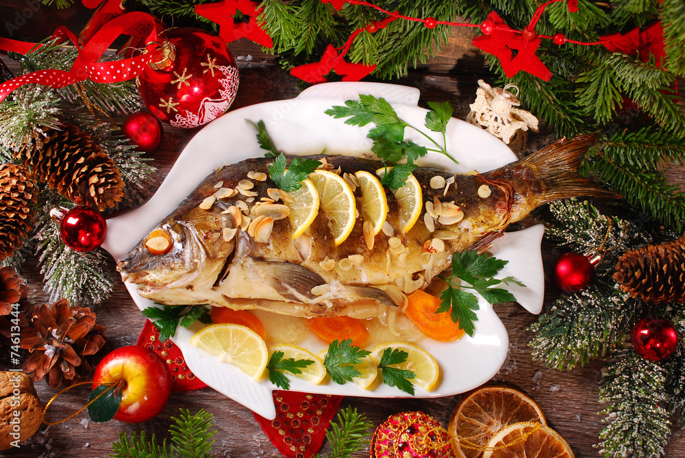 roasted carp stuffed with vegetables for christmas - obrazy, fototapety, plakaty 