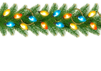 Wall Mural - Christmas background with colorful garland and fir branches Vect