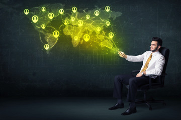 Poster - Businessman in office with tablet and social network world map