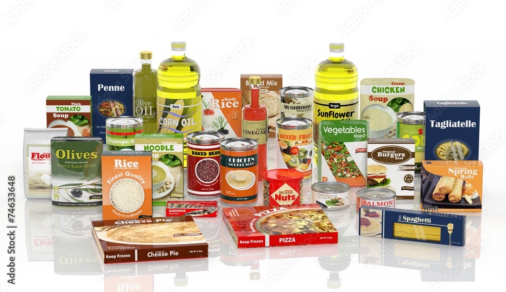 3D collection of packaged food isolated on white background - obrazy, fototapety, plakaty 