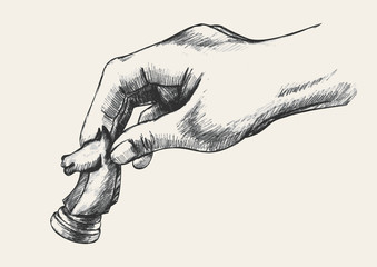 Wall Mural - sketch illustration of a human hand holding chess knight piece