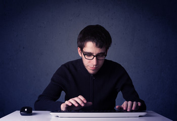 Poster - Hacker working with keyboard on blue background