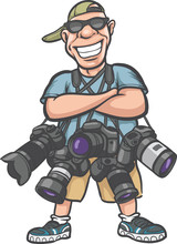 Funny Cartoon Character - Happy Photographer With Lots Of Camera