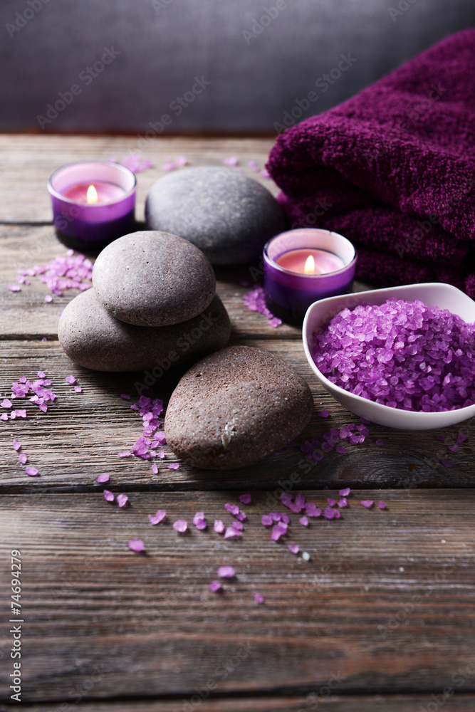 Composition of spa treatment on table on grey background