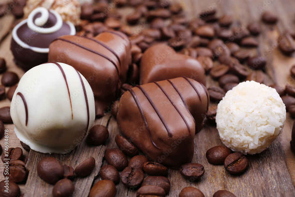 Different chocolates with coffee beans