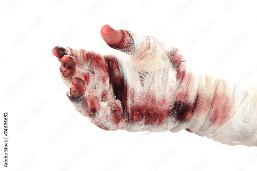 Hand of mummy isolated on white