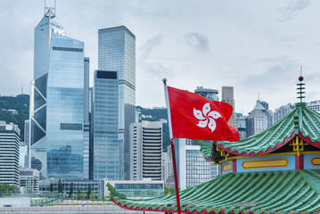 Wall Mural - Hong Kong Flag with urban background