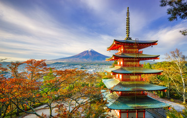 Fototapete - Mt. Fuji with Chureito Pagoda at sunrise, Fujiyoshida, Japan