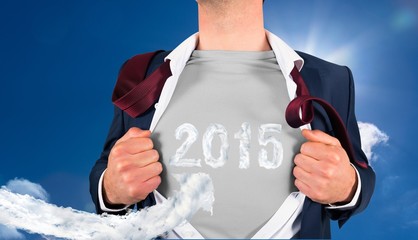 Poster - Composite image of businessman opening shirt in superhero style