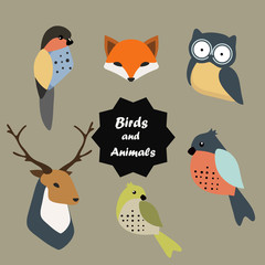 Vector set with birds, deer, owl and fox