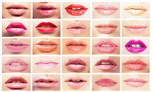 Female's Mouths. Set Of Women's Lips. Bright Makeup & Cosmetics