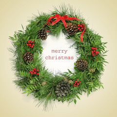 Sticker - text merry christmas and natural christmas wreath, with a retro