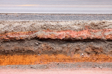 Layer of soil beneath the asphalt road.