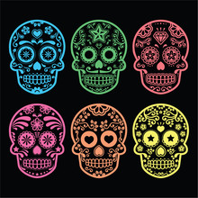 Mexican Sugar Skull, Dia De Los Muertos Icons On Black