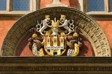 Fragment of decorative stucco of the old town hall. Prague.