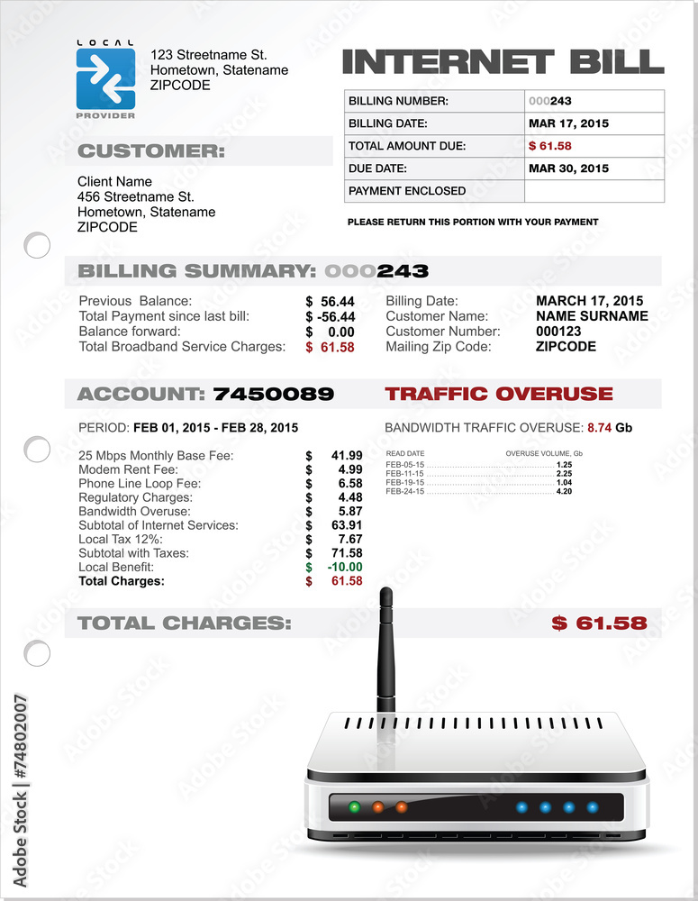 Iinet Bill Example Internet ISP Expenses Bill Document Template with Router Stock Vector ...