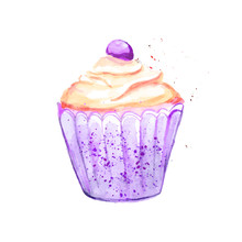 Watercolor Vector Cupcake With Yellow Cream And Berry