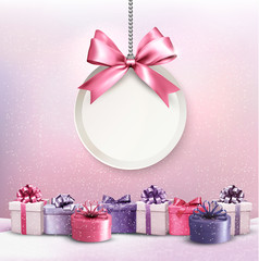 Poster - Merry Christmas card with a ribbon and gift boxes.