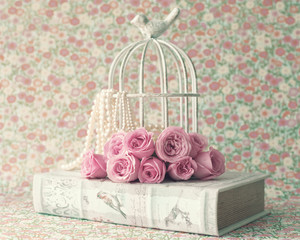 Wall Mural - Roses over vintage book