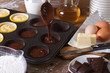 processes of preparation of chocolate muffins close-up