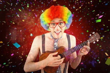Aufkleber - Geeky hipster in afro rainbow wig playing guitar