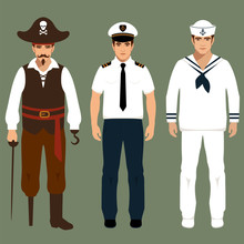 Pirate, Captain And Sailor Characters, Vector Illustration,