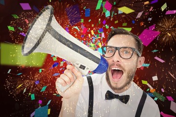 Aufkleber - Composite image of geeky businessman shouting through megaphone