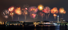 Fireworks Celebrating Over  Marina Bay In Yokohama City