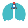 Space rocket flying in sky, flat design colored vector illustrat