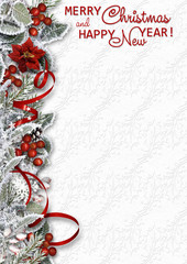 Wall Mural - Christmas border on white background with snowy branches,holly