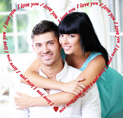 Poster - Beautiful young romantic couple and heart-shaped frame