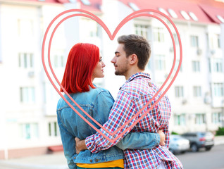 Poster - Beautiful young romantic couple and heart-shaped frame