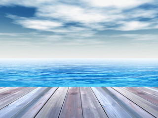 Wall Mural - Conceptual wood deck over sea and sky