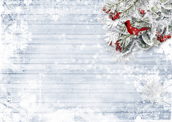 Wall Mural - Wooden background with firtree, holly, bird,snowflake