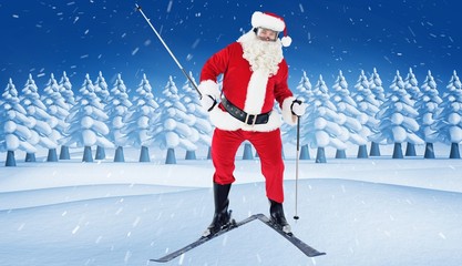 Poster - Composite image of portrait of happy santa claus skiing